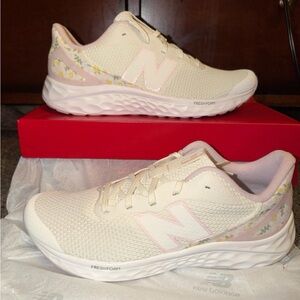 New Balance big kids size 7 off white and  Pink Sneakers with floral design